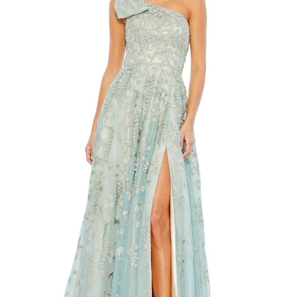 Mac Duggal Size 4 Exquisite Asymmetrical Neckline A-line Slit Dress With Bow
